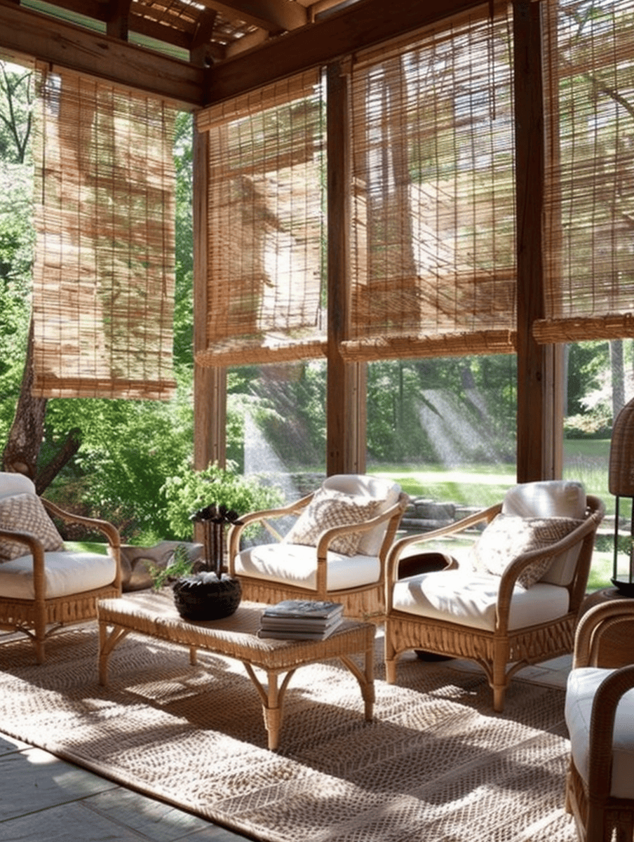 boho sunroom design with floor-to-ceiling windows and bamboo shades