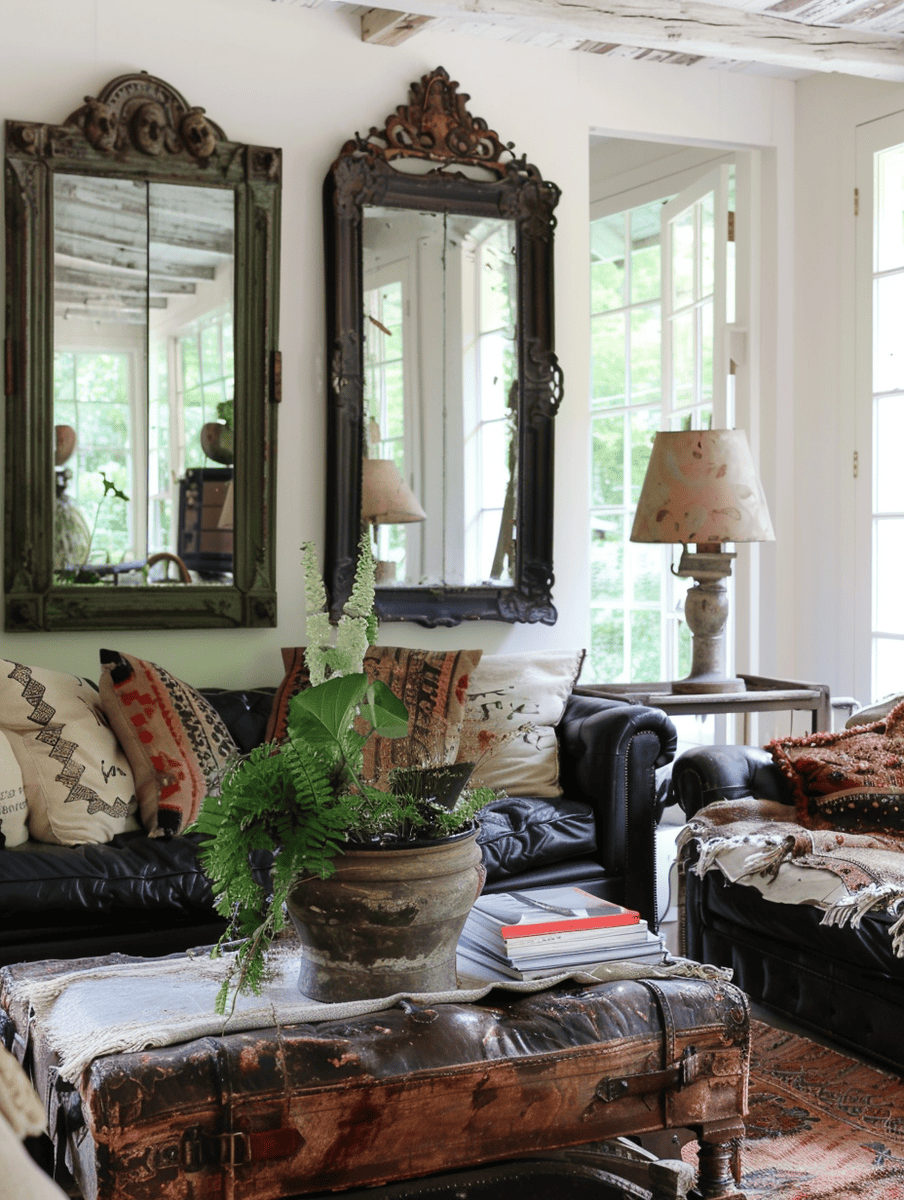 boho sunroom design with antique mirrors and distressed leather