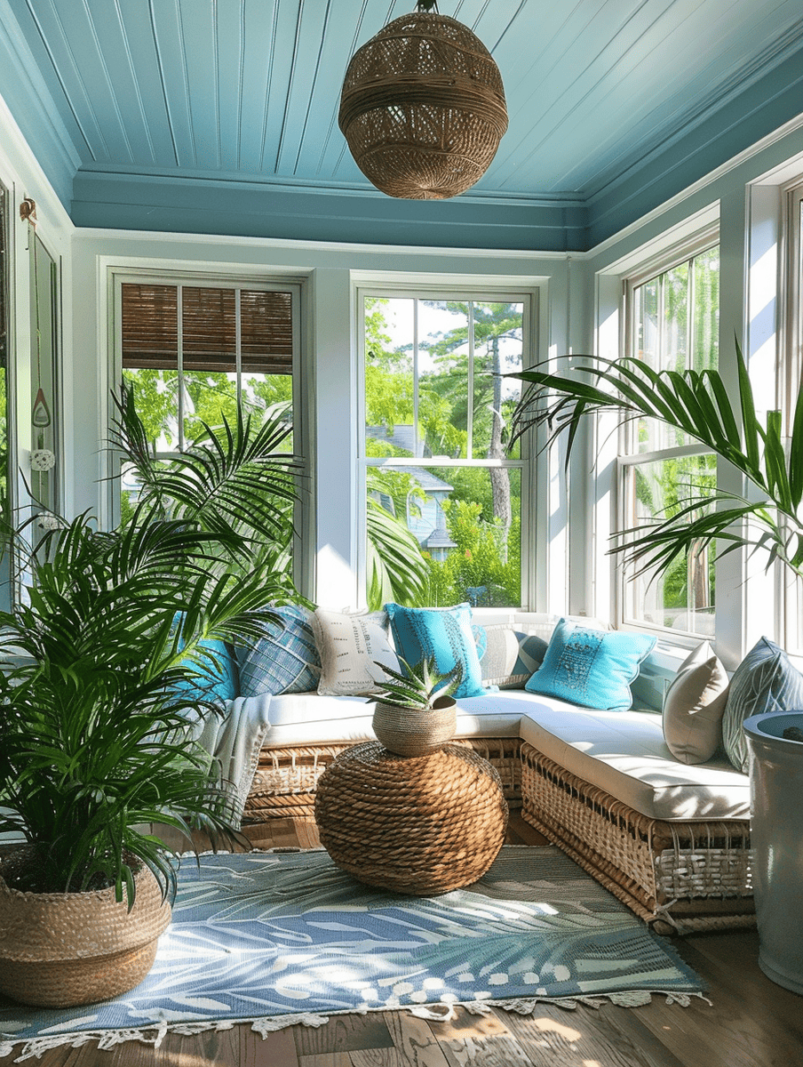 Boho sunroom with rattan furniture and plants.