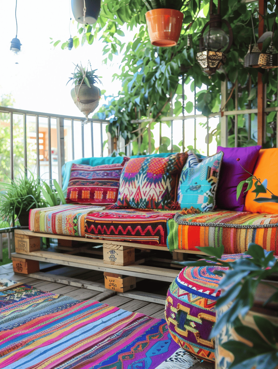 boho outdoor patio design. DIY pallet couch with brightly colored pillows