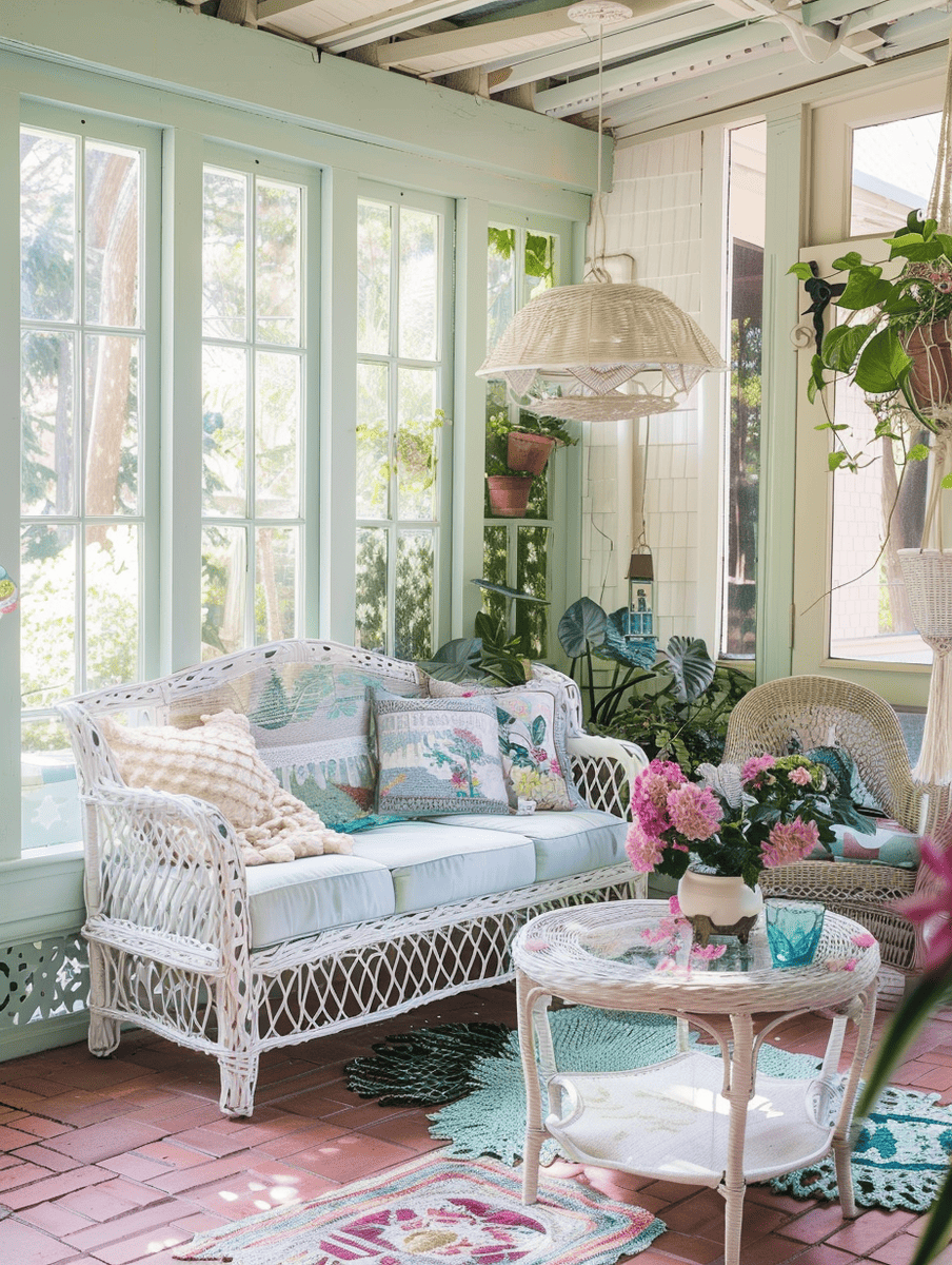 boho sunroom design with shabby chic furniture and pastel colors