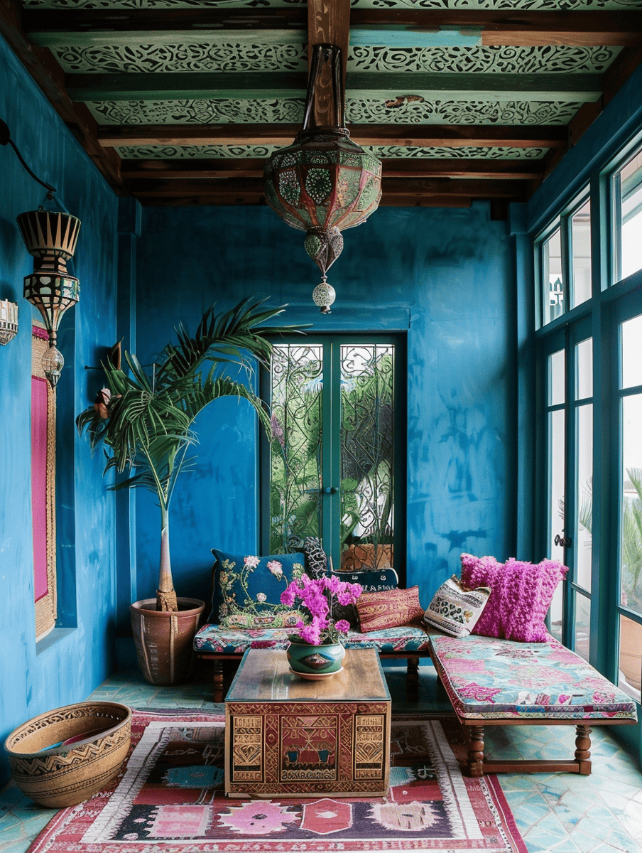 boho sunroom design with statement lighting and bold wall colors