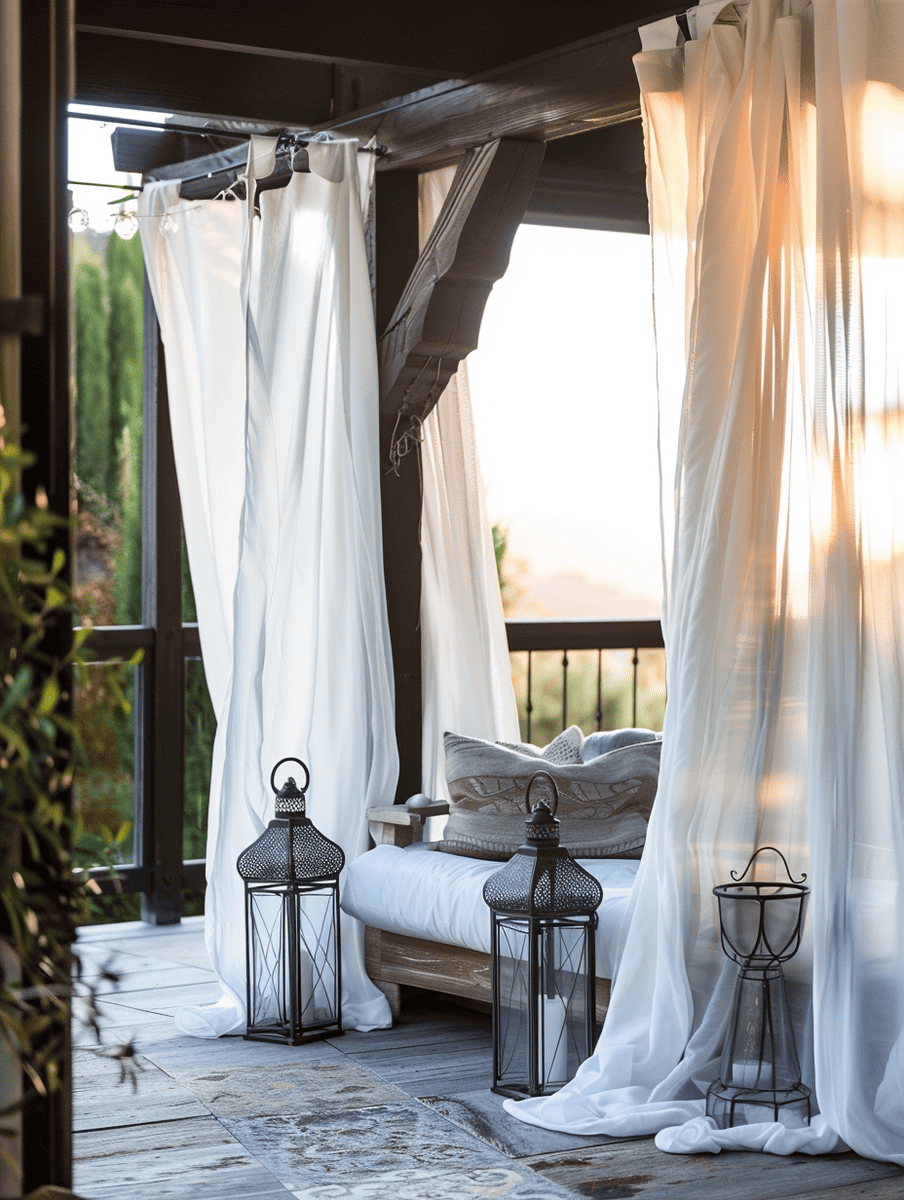  boho outdoor patio design. Sheer drapery with iron lanterns