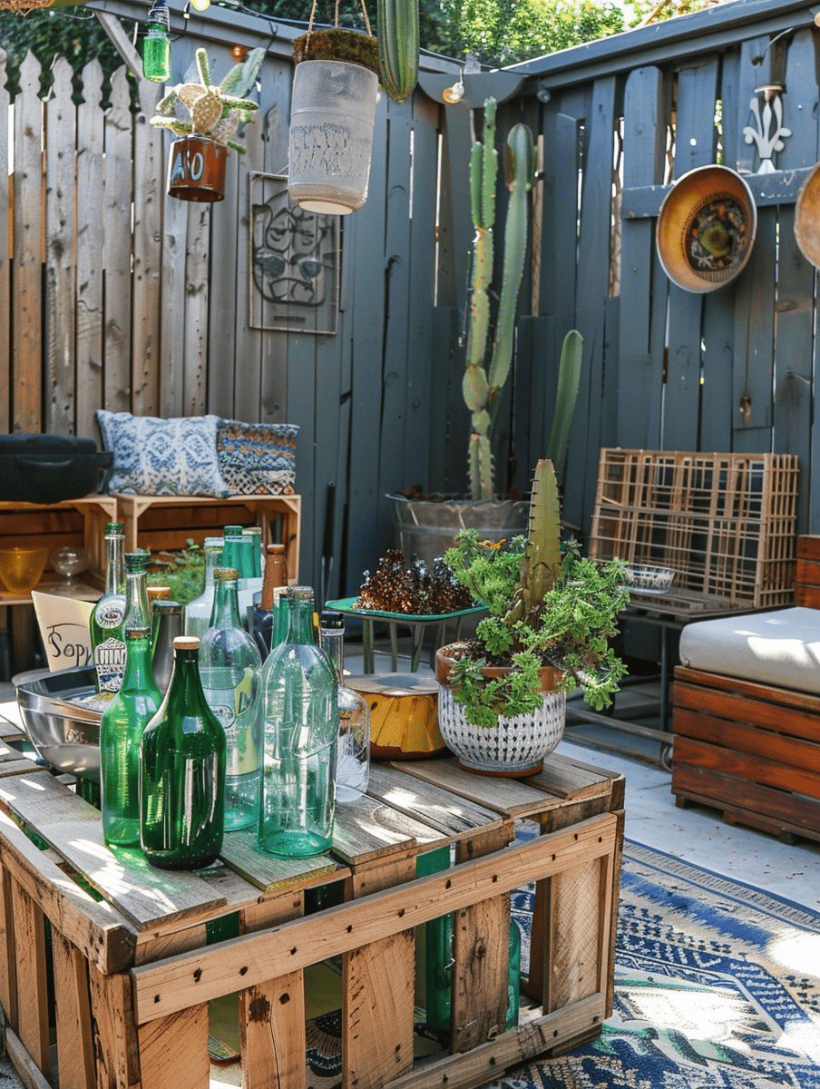 boho outdoor patio design. Recycled glass bottles with wooden crates