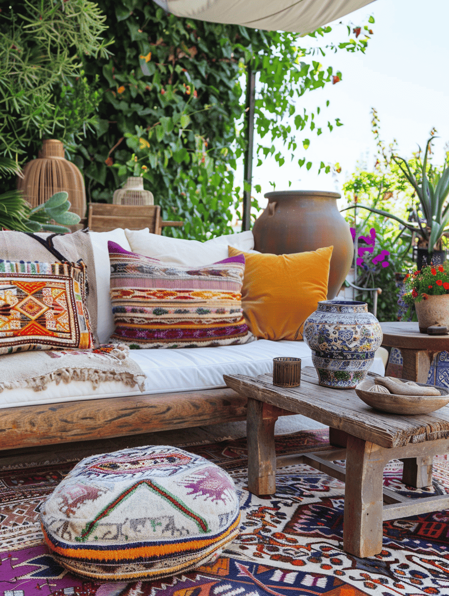 boho outdoor patio design. Turkish kilim pillows with antique side tables