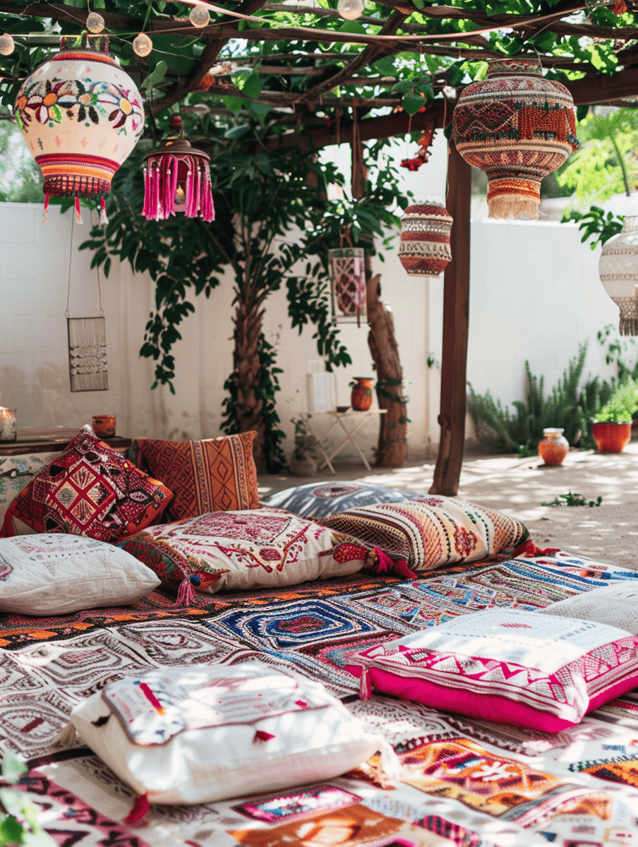 boho outdoor patio design. Patterned floor cushions with tassel garlands