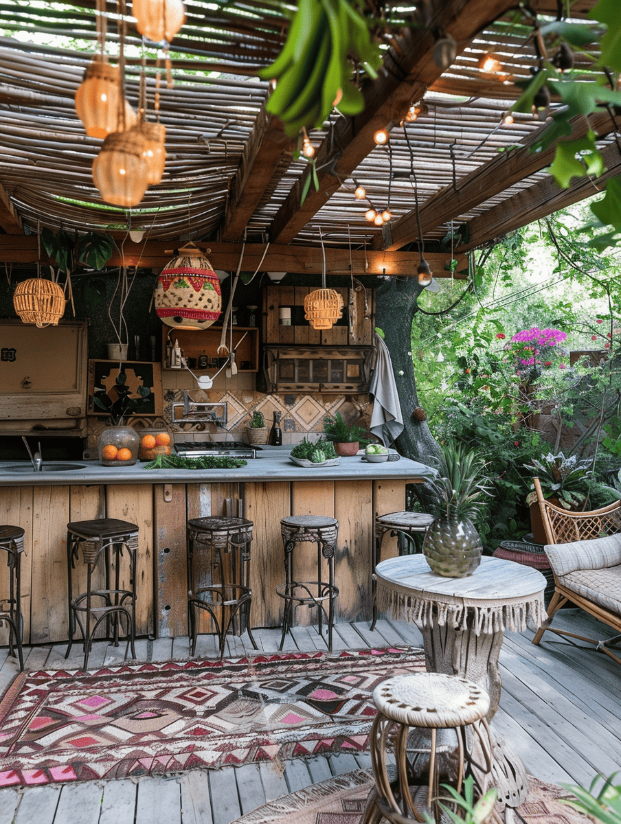 outdoor patio design. Outdoor kitchen with boho chic decor