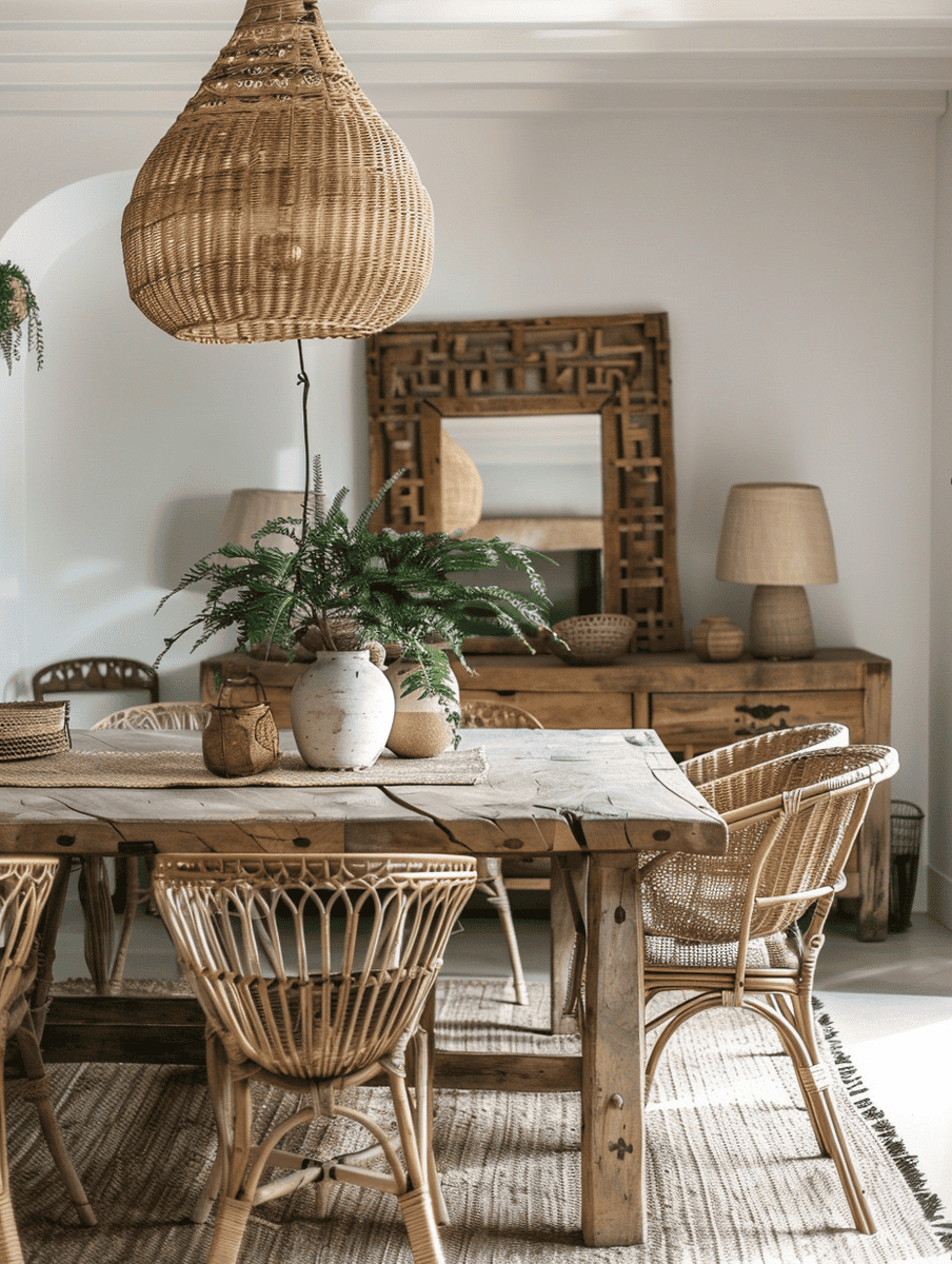 Boho dining room design with rattan chairs and rustic wooden table