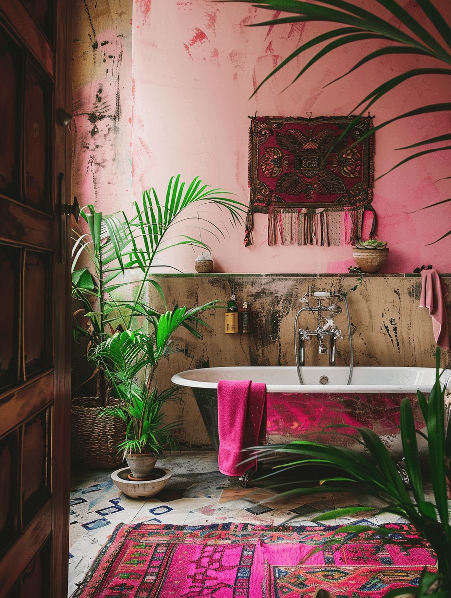 colorful boho bathroom with pink walls and greenery