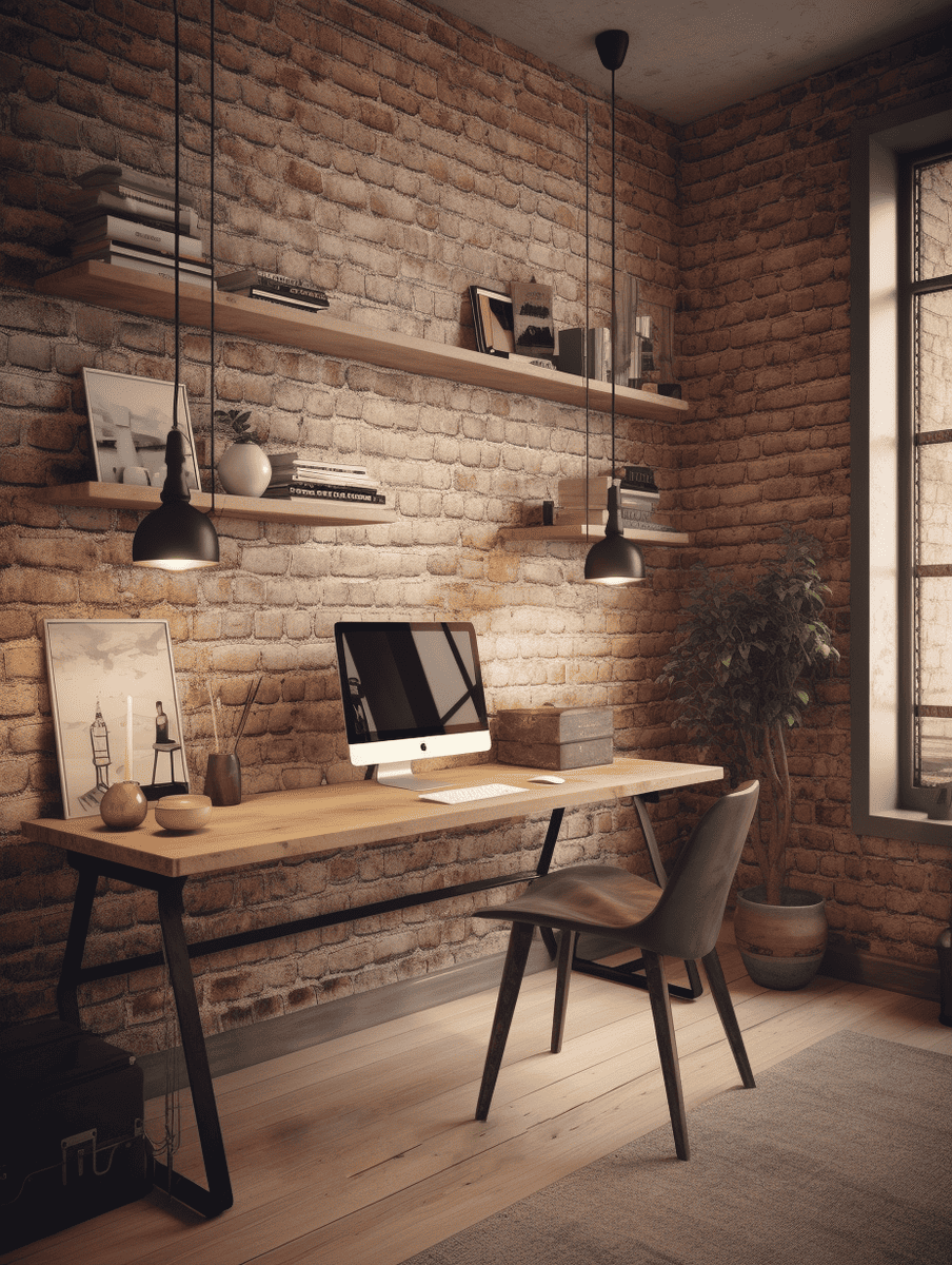 Boho home office concept industrial with exposed brick and wood