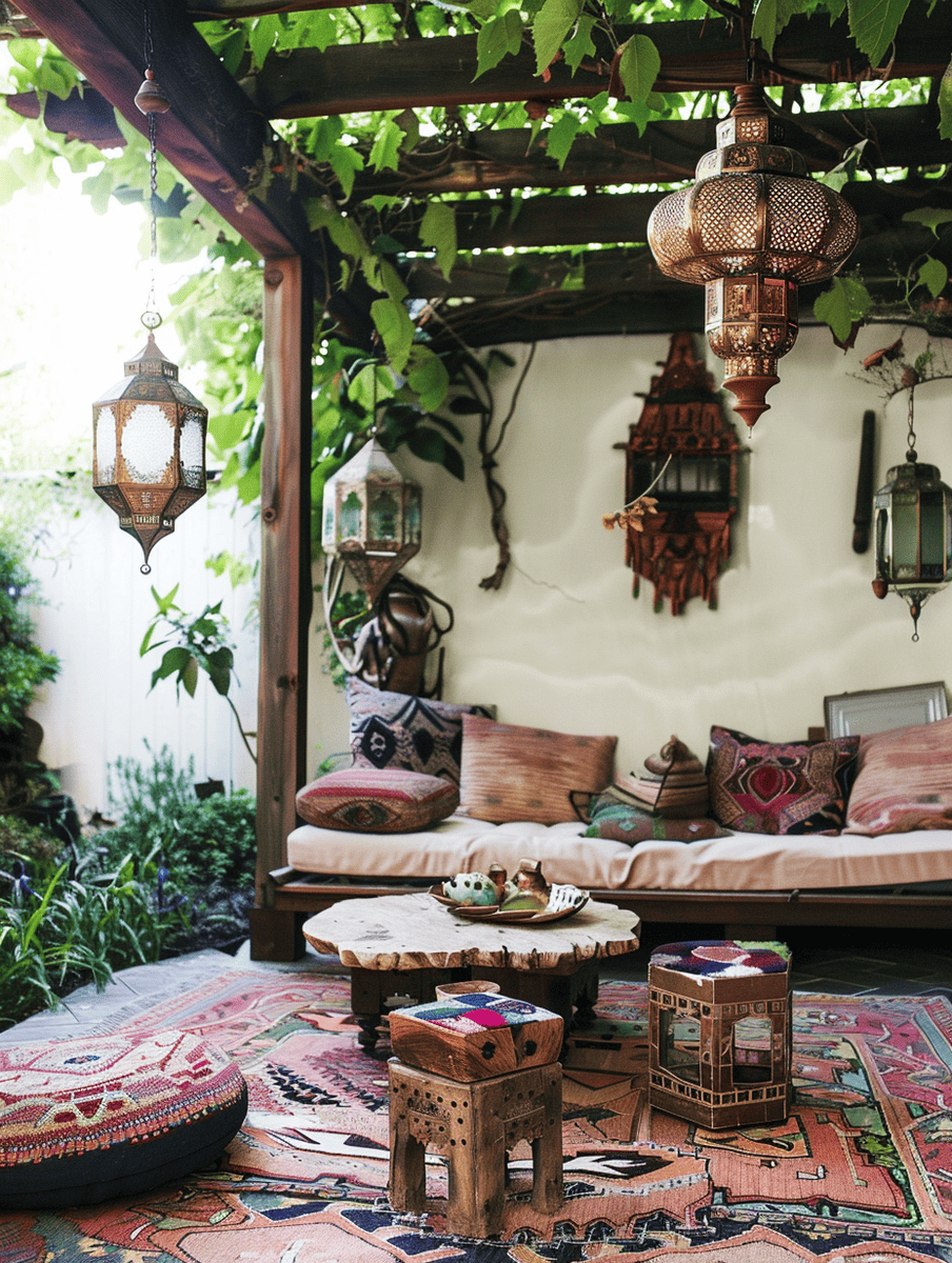 boho outdoor patio design. Moroccan lanterns with low seating