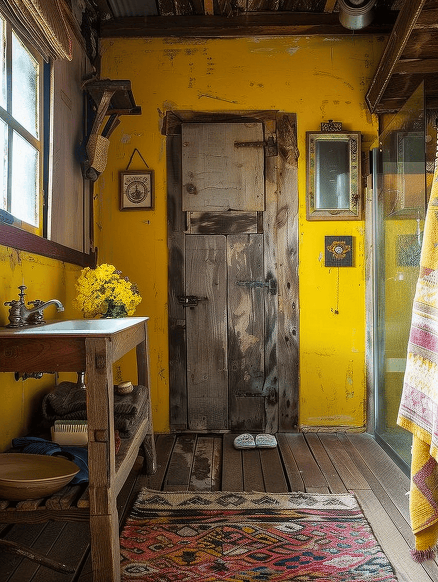 bathroom with sunshine yellow walls complemented by rustic wood elements