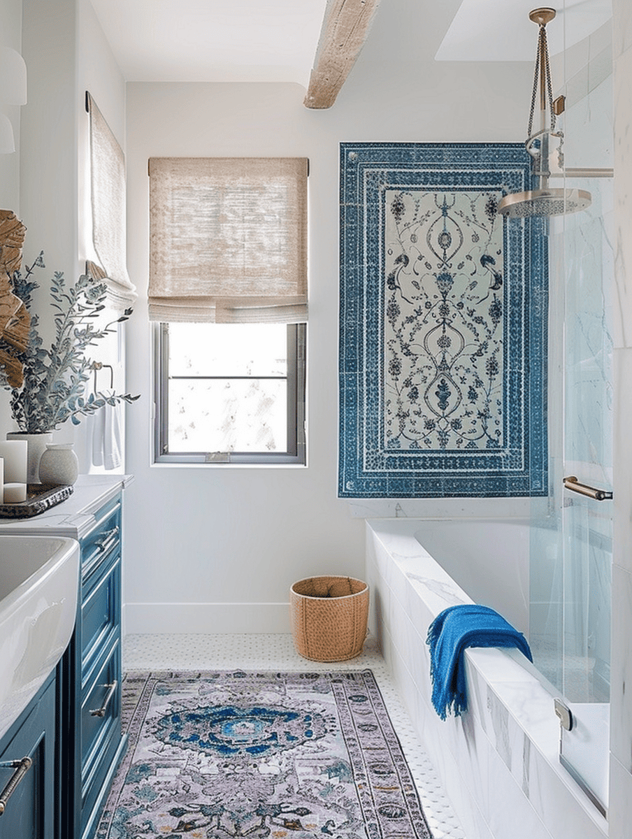 colorful boho bathroom with Moroccan blue patterns and white blinds
