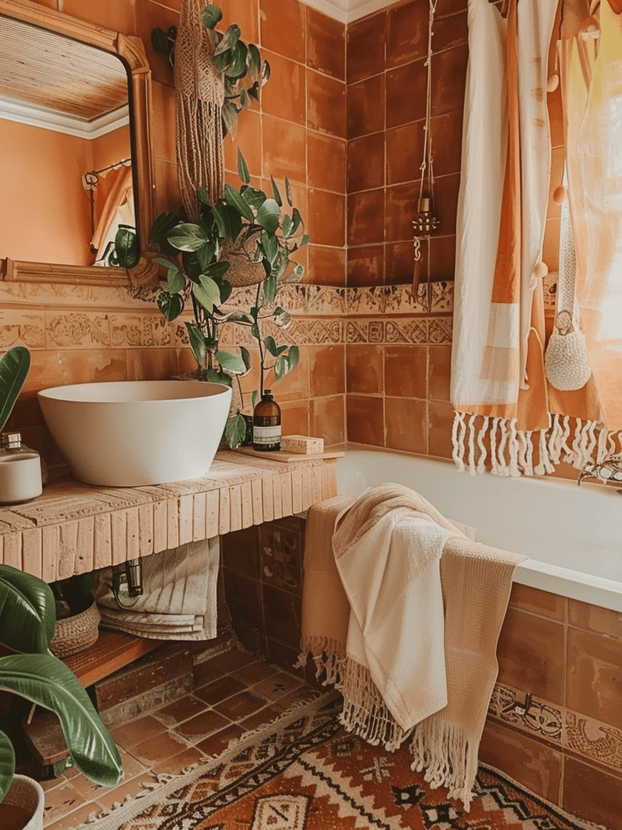 colorful boho bathroom with earthy terracotta and boho textiles
