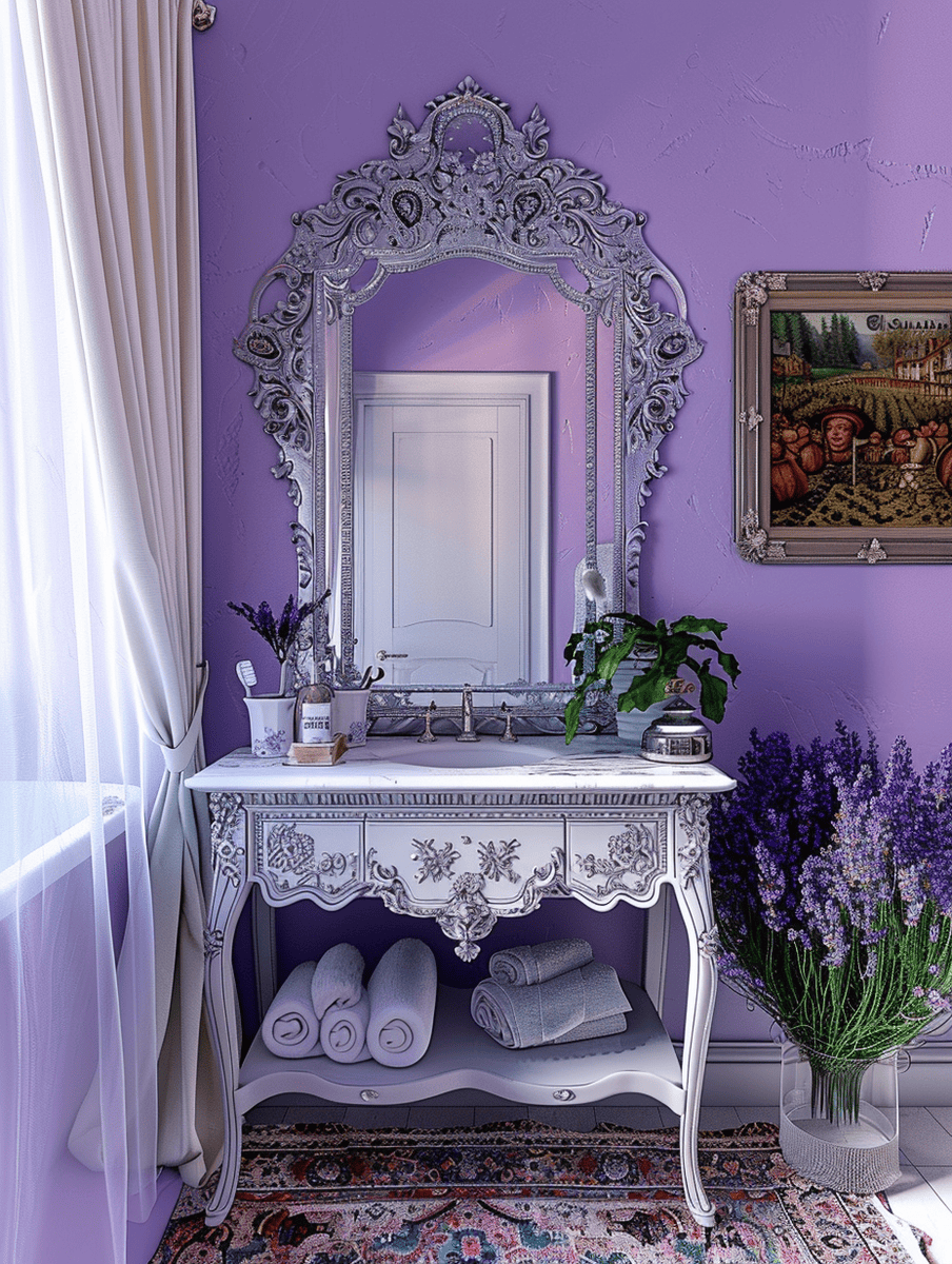 colorful boho bathroom with lavender fields and silver antique mirrors