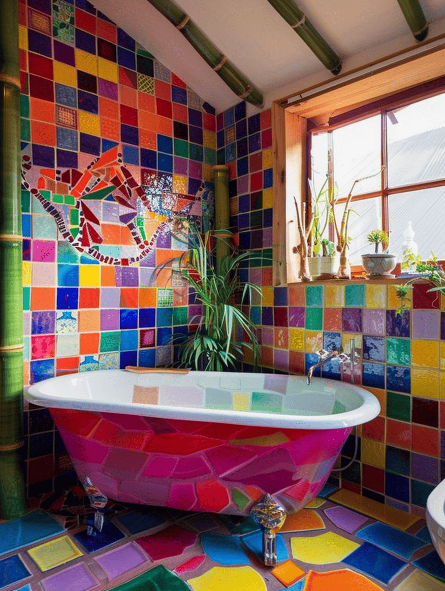 colorful boho bathroom with rainbow mosaic tiles and bamboo accents