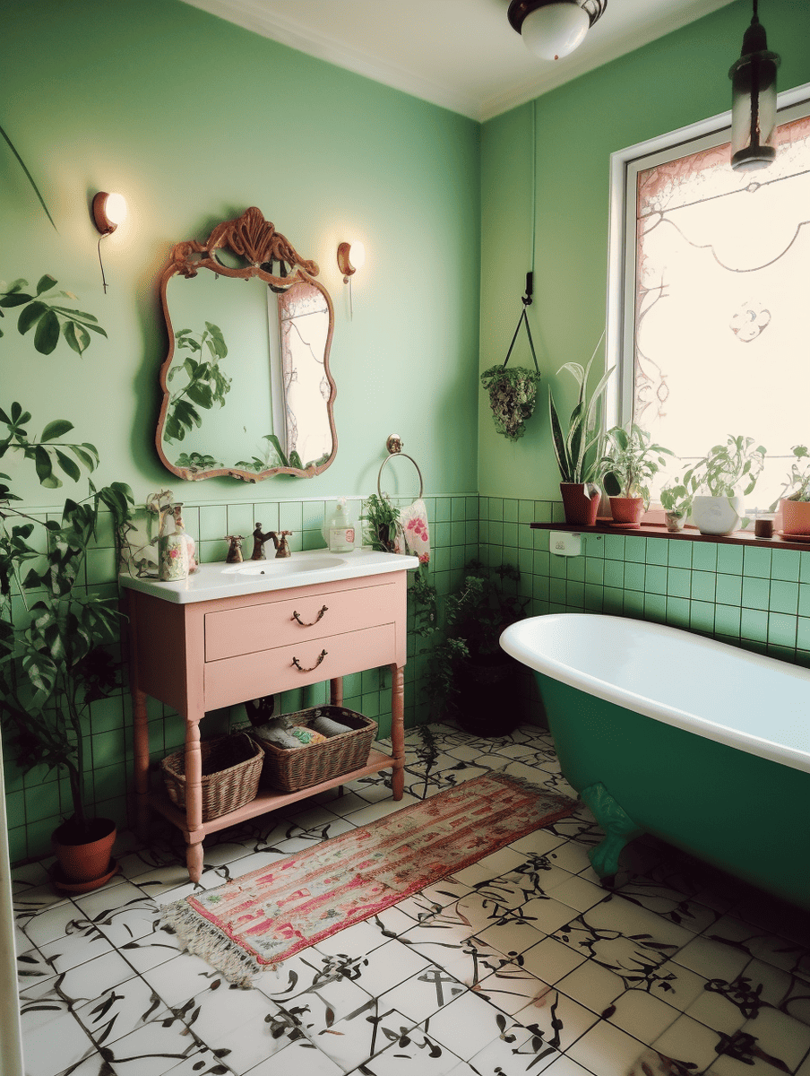 colorful boho bathroom with mint green simplicity and vintage furniture