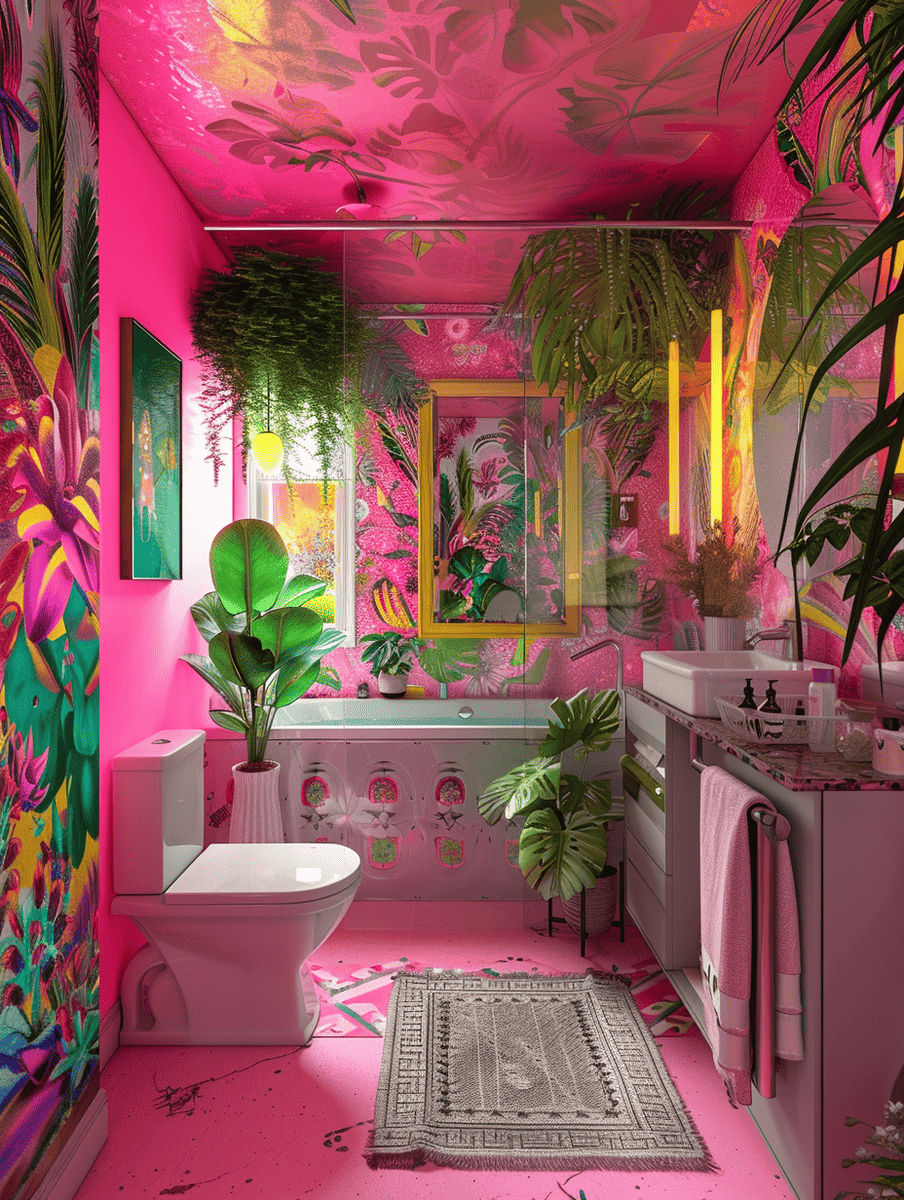 colorful boho bathroom with neon pink highlights and exotic plants
