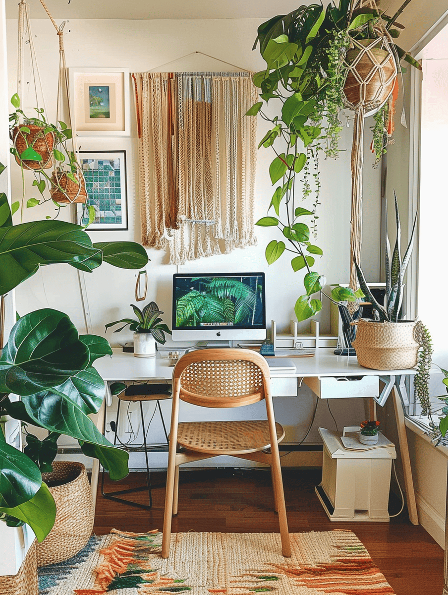 Boho home office concept with natural light and hanging plants