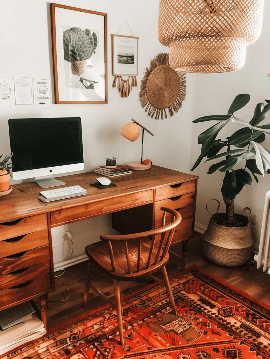 Boho home office concept with vintage wooden desk and Moroccan rug