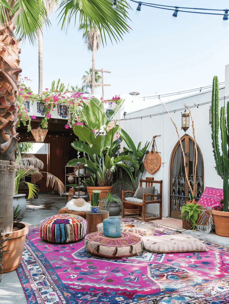 boho outdoor patio design. Bohemian rugs with potted palms