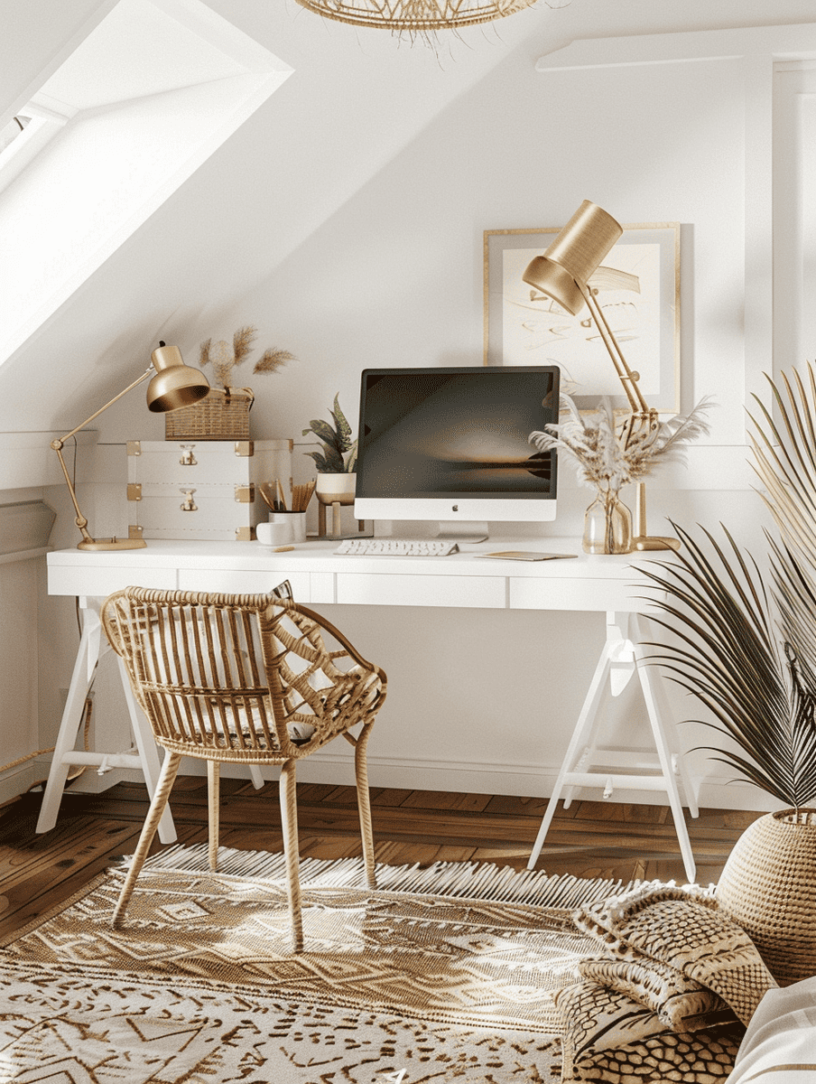 Boho home office concept minimalist with white and gold accents