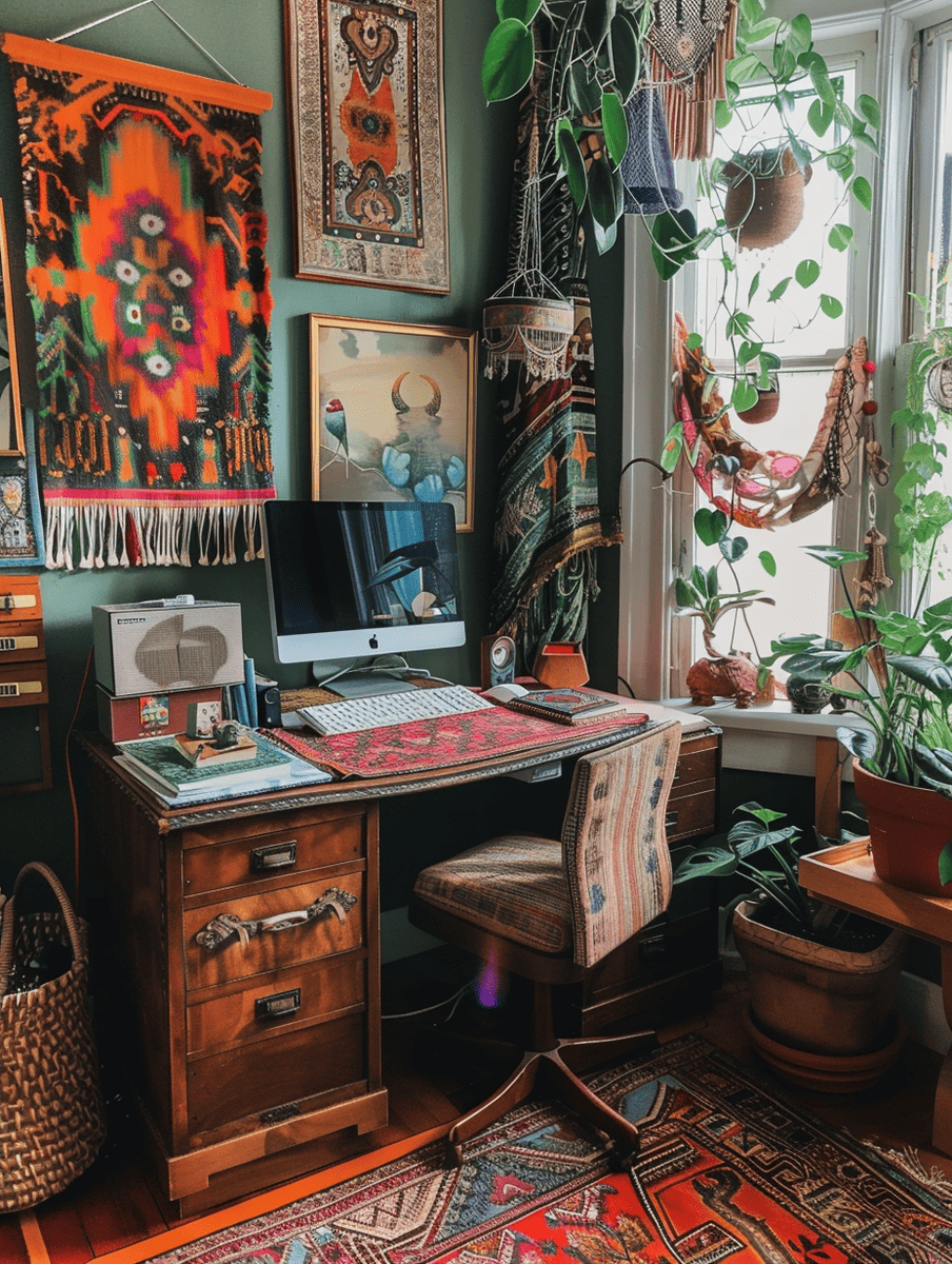 Boho home office concept with colorful Bohemian art and textiles