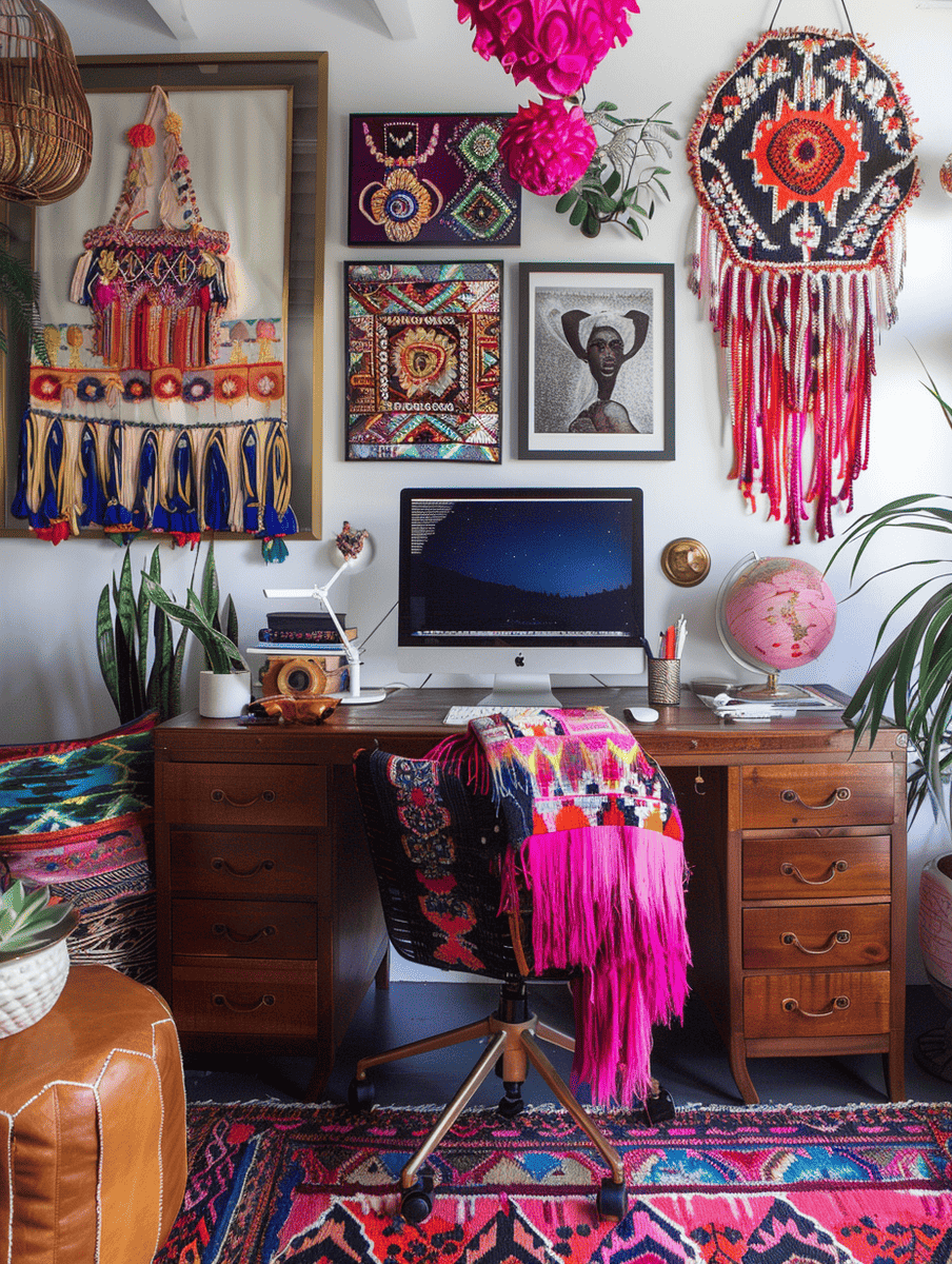 Boho home office concept eclectic mix of colors and textures