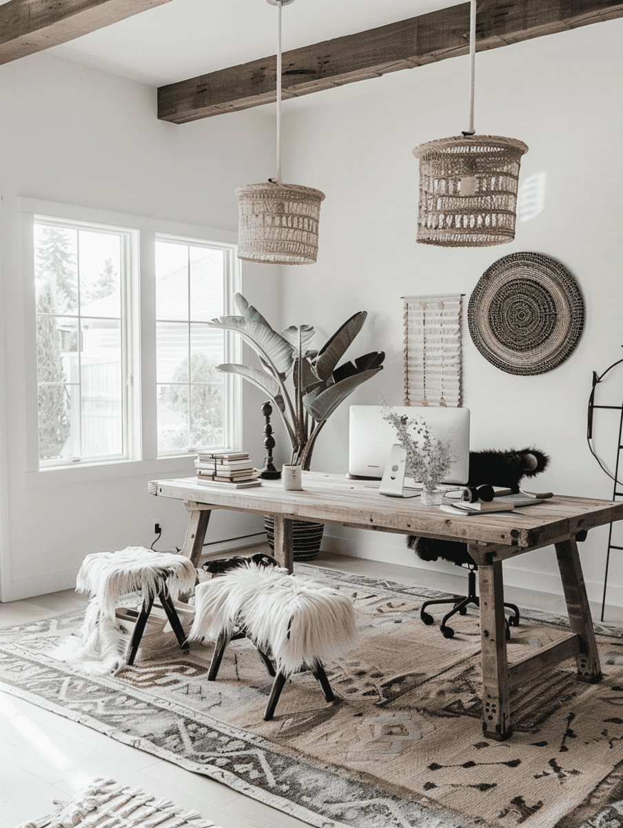 Boho home office concept with rustic elements and modern flair