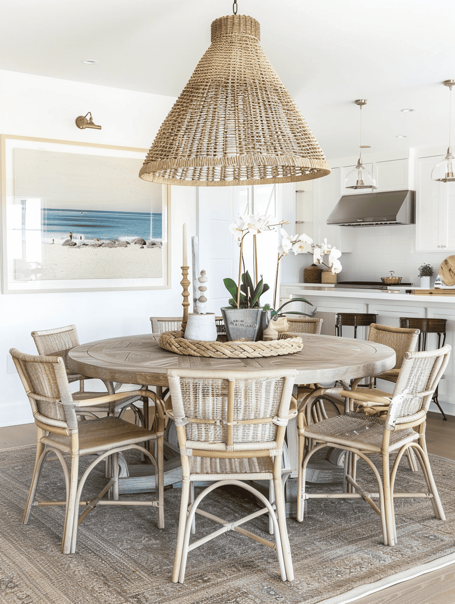 Coastal Boho dining room with sea-inspired decor and light wood