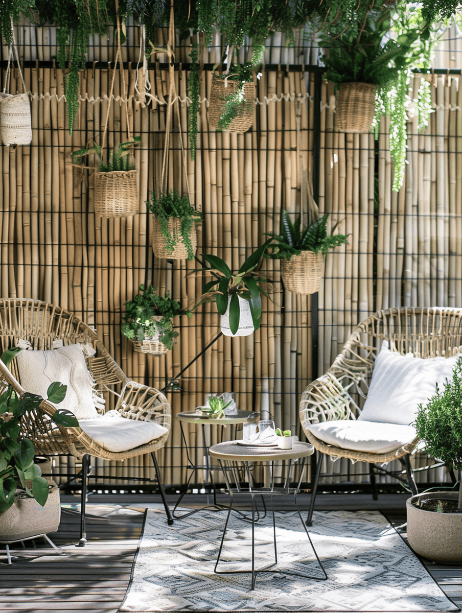  boho outdoor patio design. Bamboo screen with hanging planters