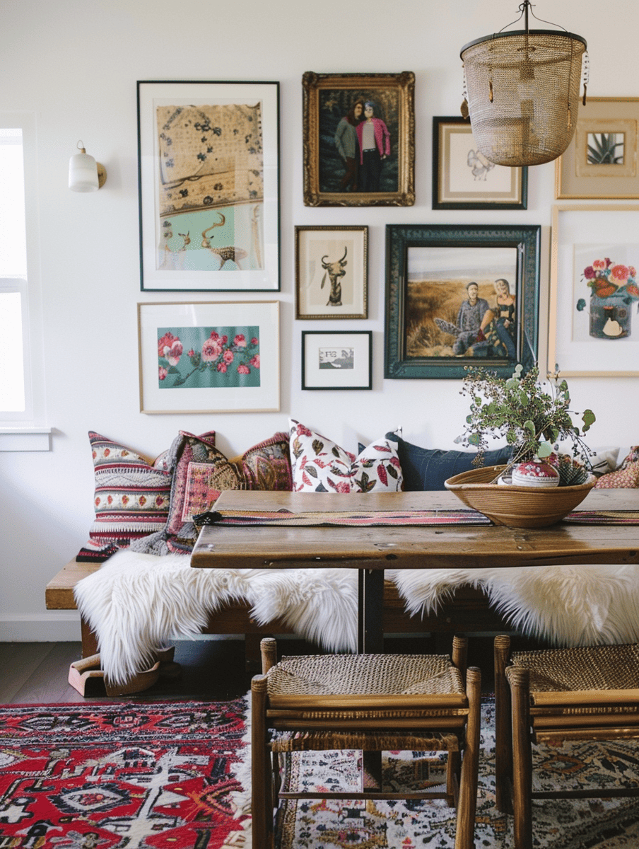 Boho dining room design with an eclectic gallery wall and a cozy bench seat