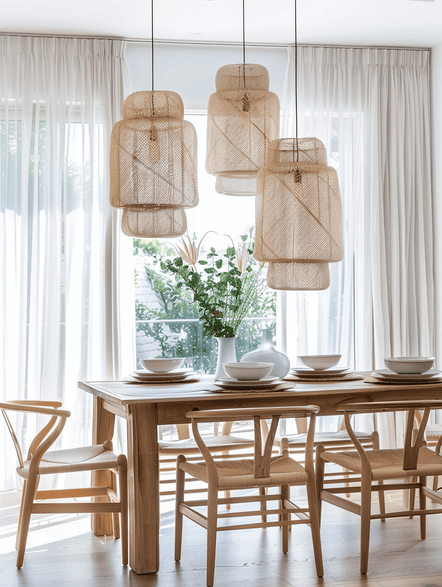 Boho dining room design with bamboo light fixtures and sheer curtains