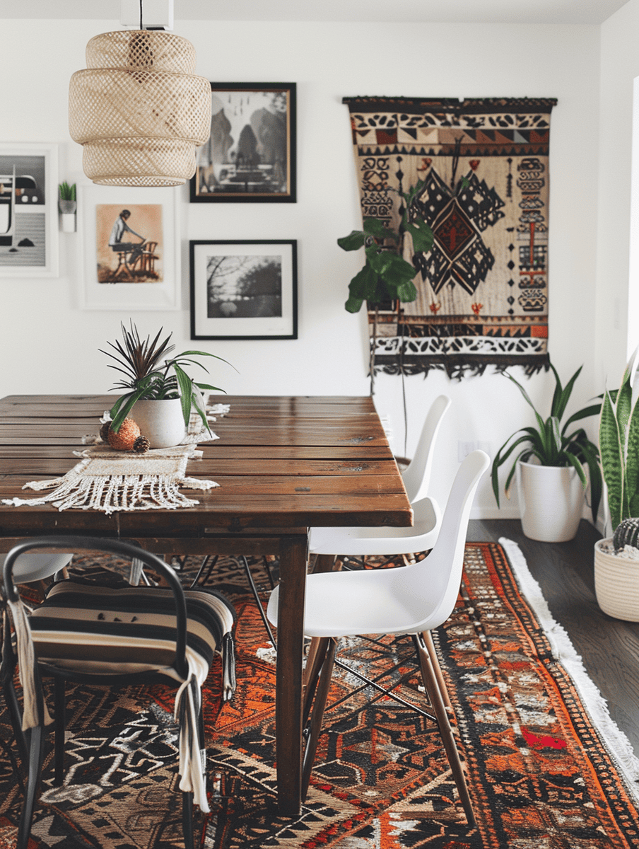 A tastefully eclectic dining room combines modern white chairs and a vintage wooden table, set on a traditional patterned rug, with a woven light fixture above and a gallery wall of black-and-white photographs creating a harmonious space.