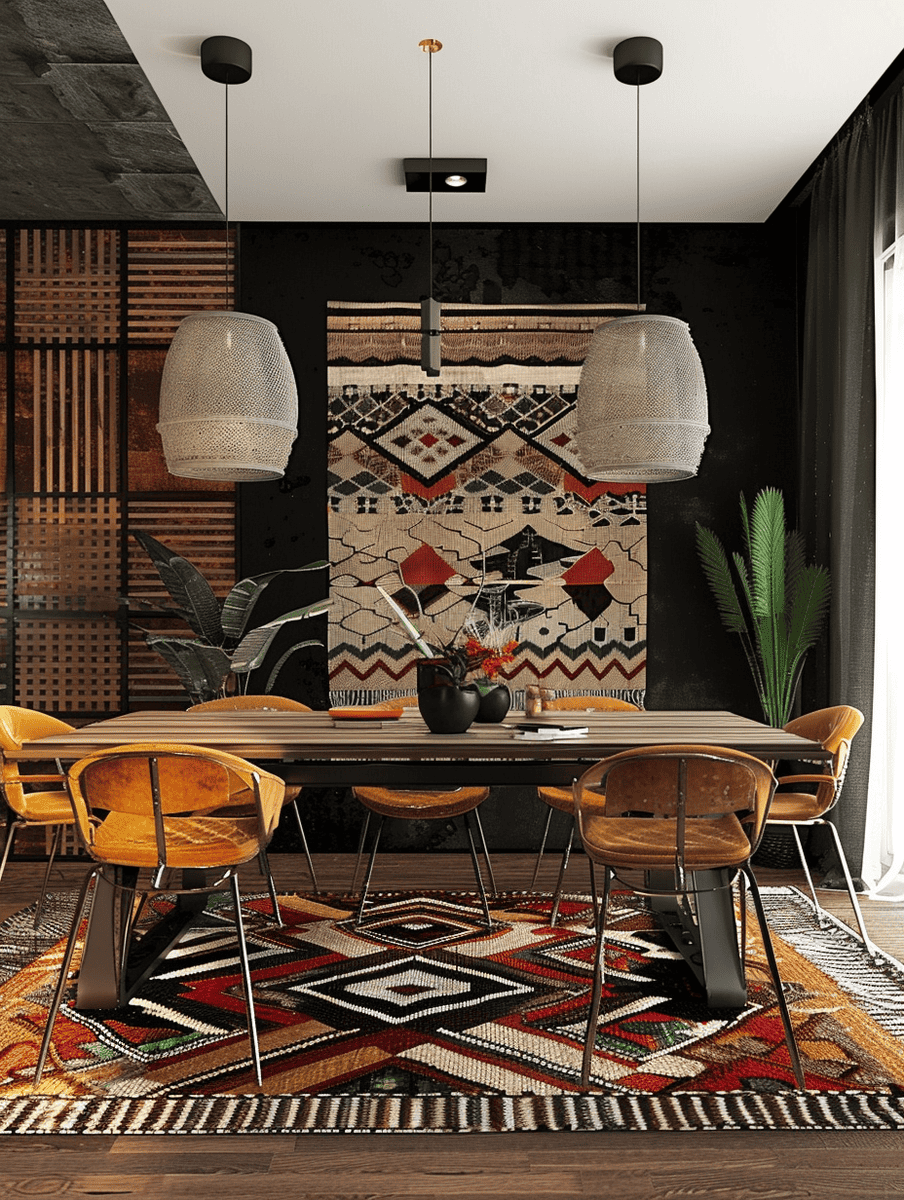 Boho dining room design with bold geometric patterns and sleek metal accents