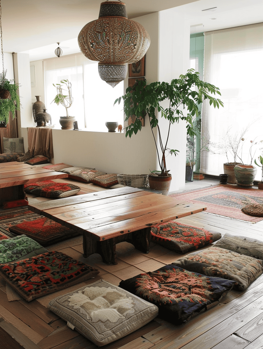 Boho dining room design with floor cushions and low wooden tables