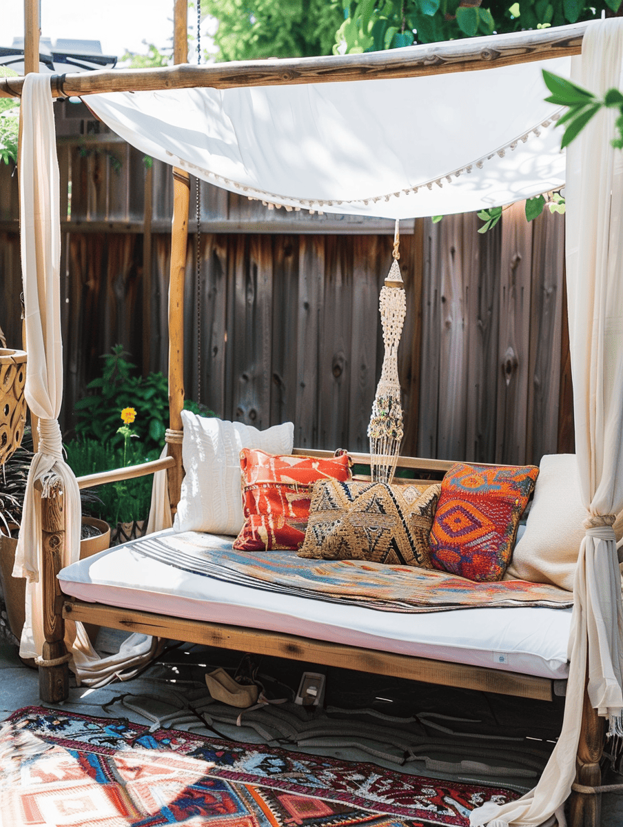 boho outdoor patio design. Outdoor daybed with canopy and throw pillows
