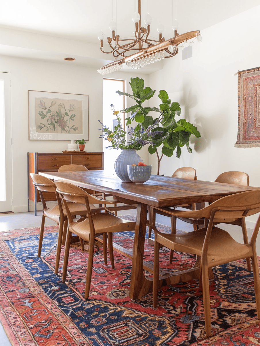 Boho dining room design with layered Persian rugs and a solid oak table