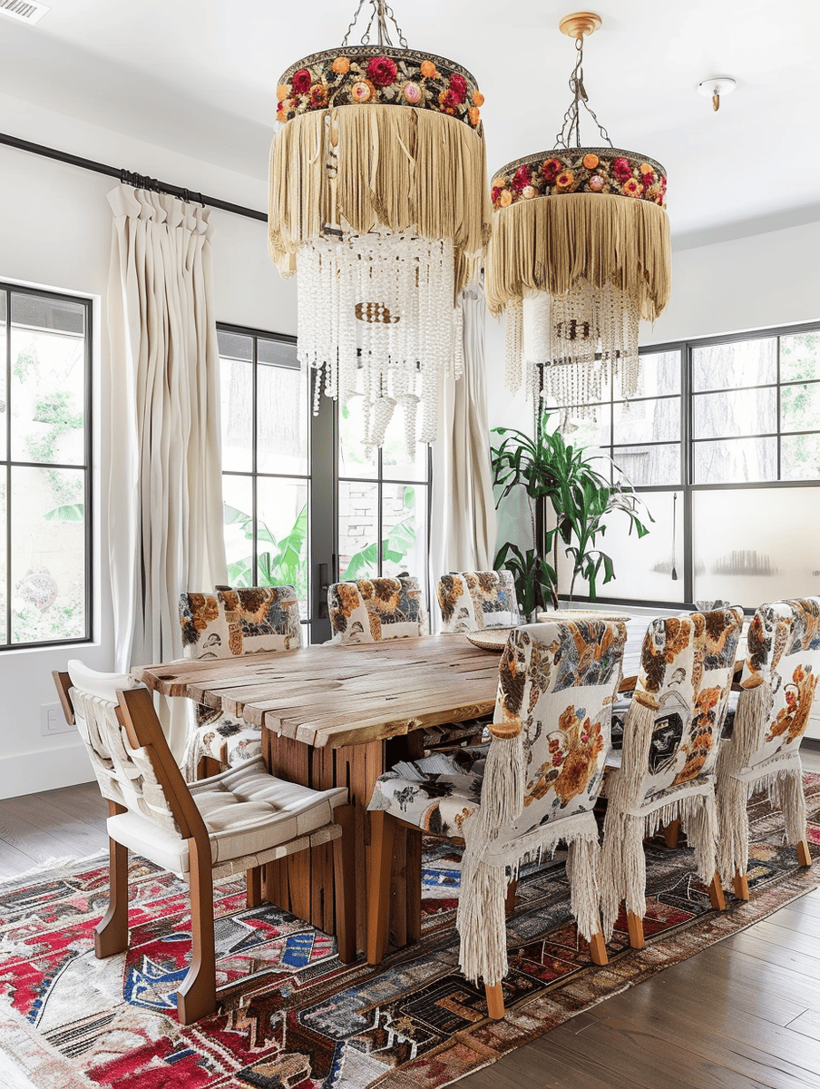 Boho dining room design with tassel chandeliers and Boho print upholstery