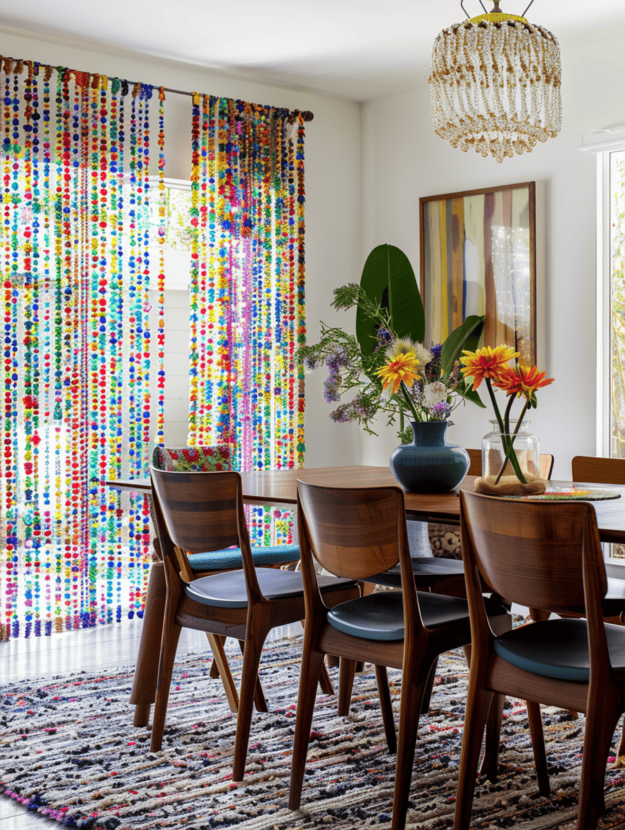 Boho dining room design with colorful beaded curtains and mid-century modern chairs
