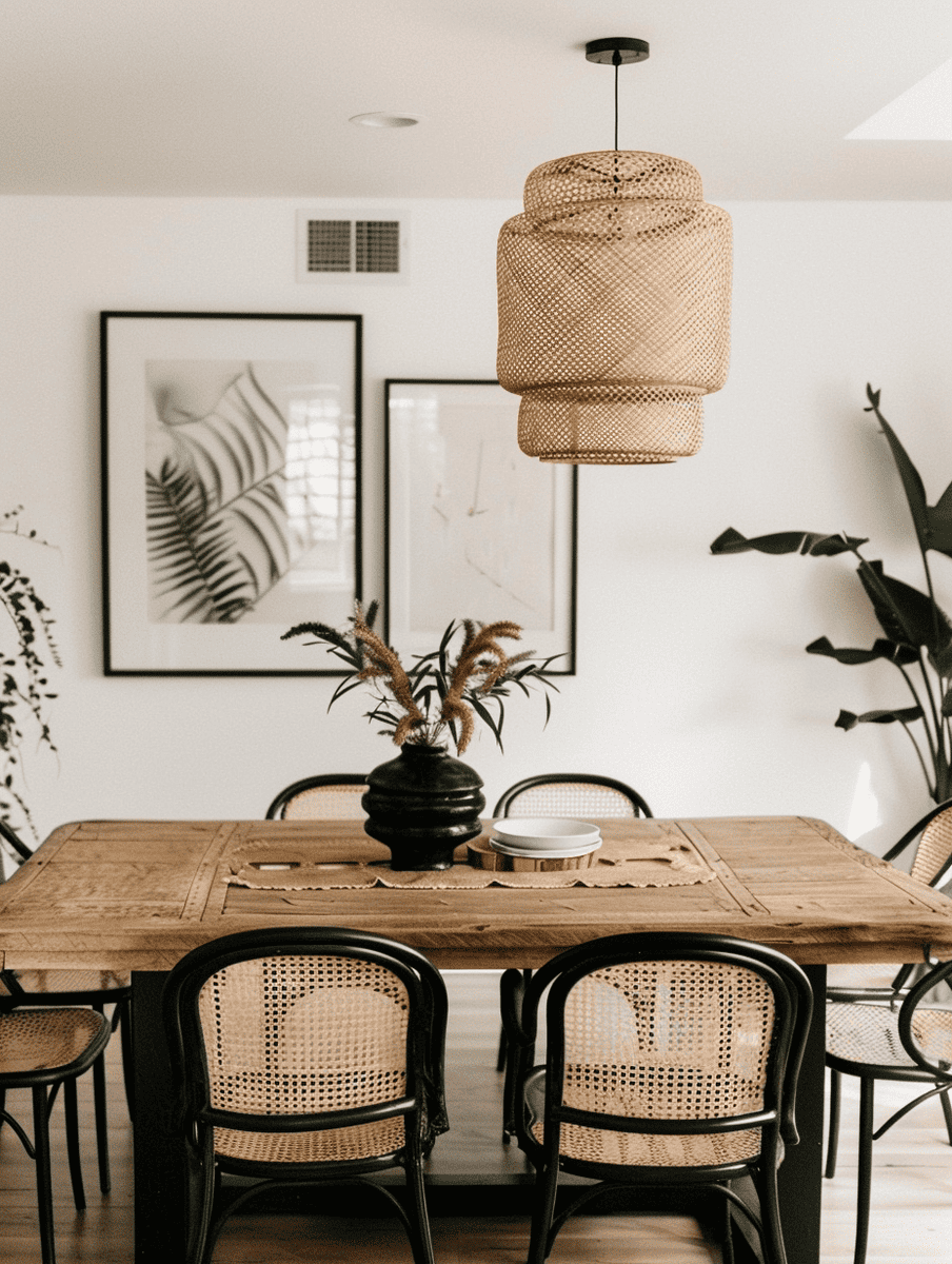 Boho dining room design in chic monochrome with pops of color