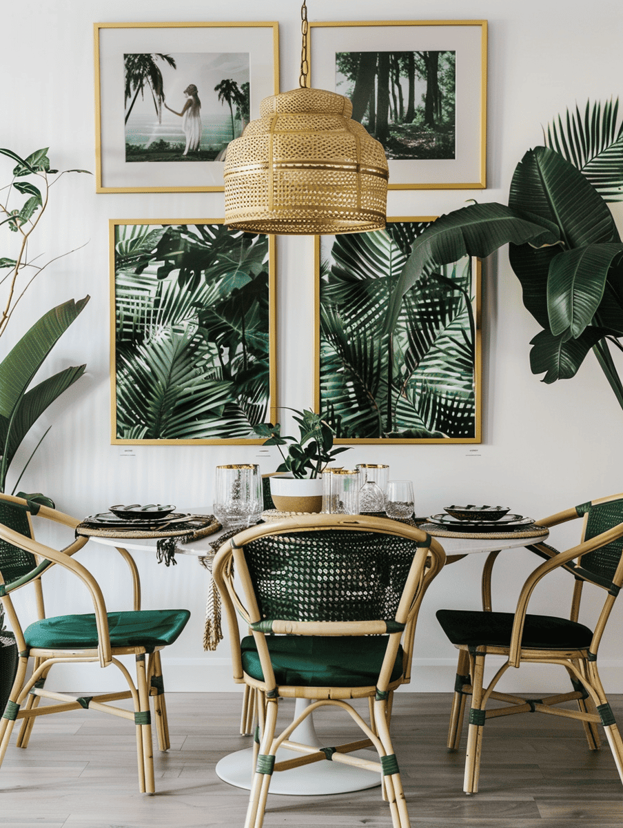 Boho Dining Room Design with Gold Framed Artworks and Deep Green Foliage