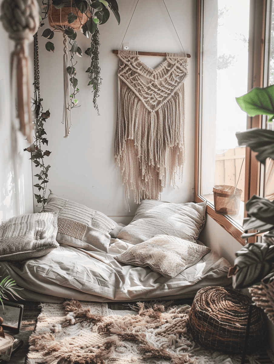 boho reading nook with a macramé wall hanging and floor cushions