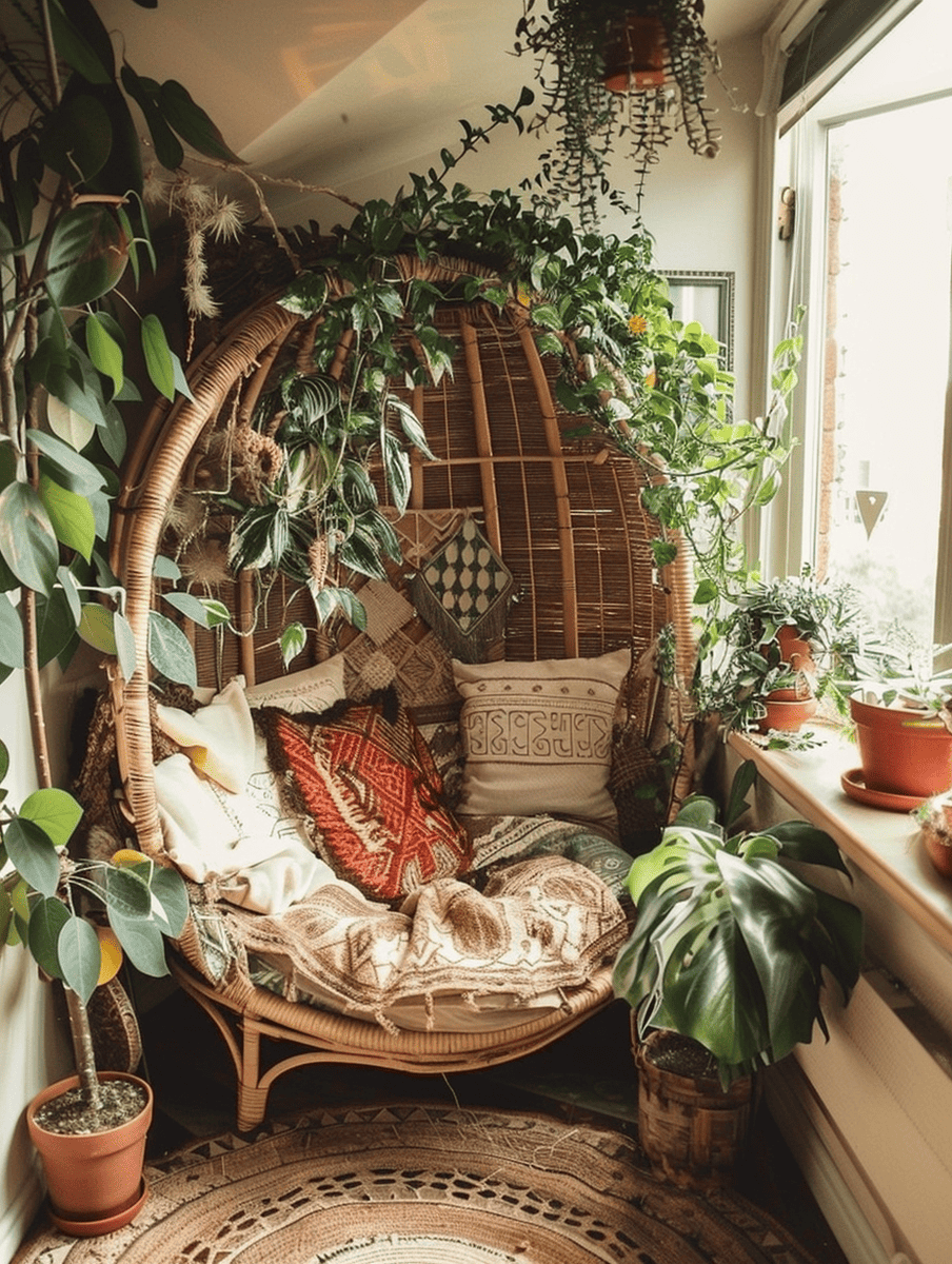 boho reading nook with indoor plants and rattan furniture