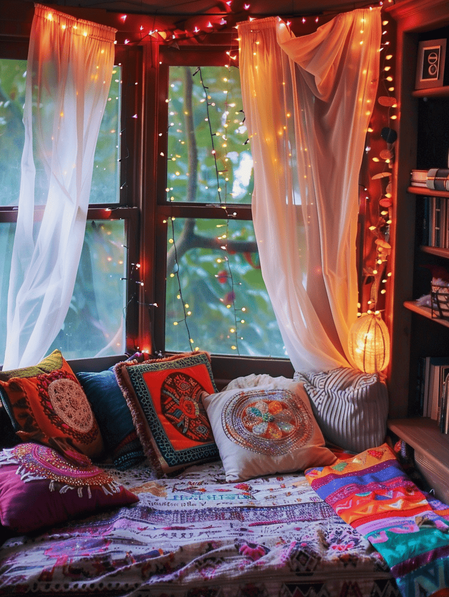 A magical nook is created by sheer curtains draped around a window, adorned with twinkling lights, with a daybed covered in an array of vibrant, embroidered cushions and throws, offering a cozy reading or resting spot.