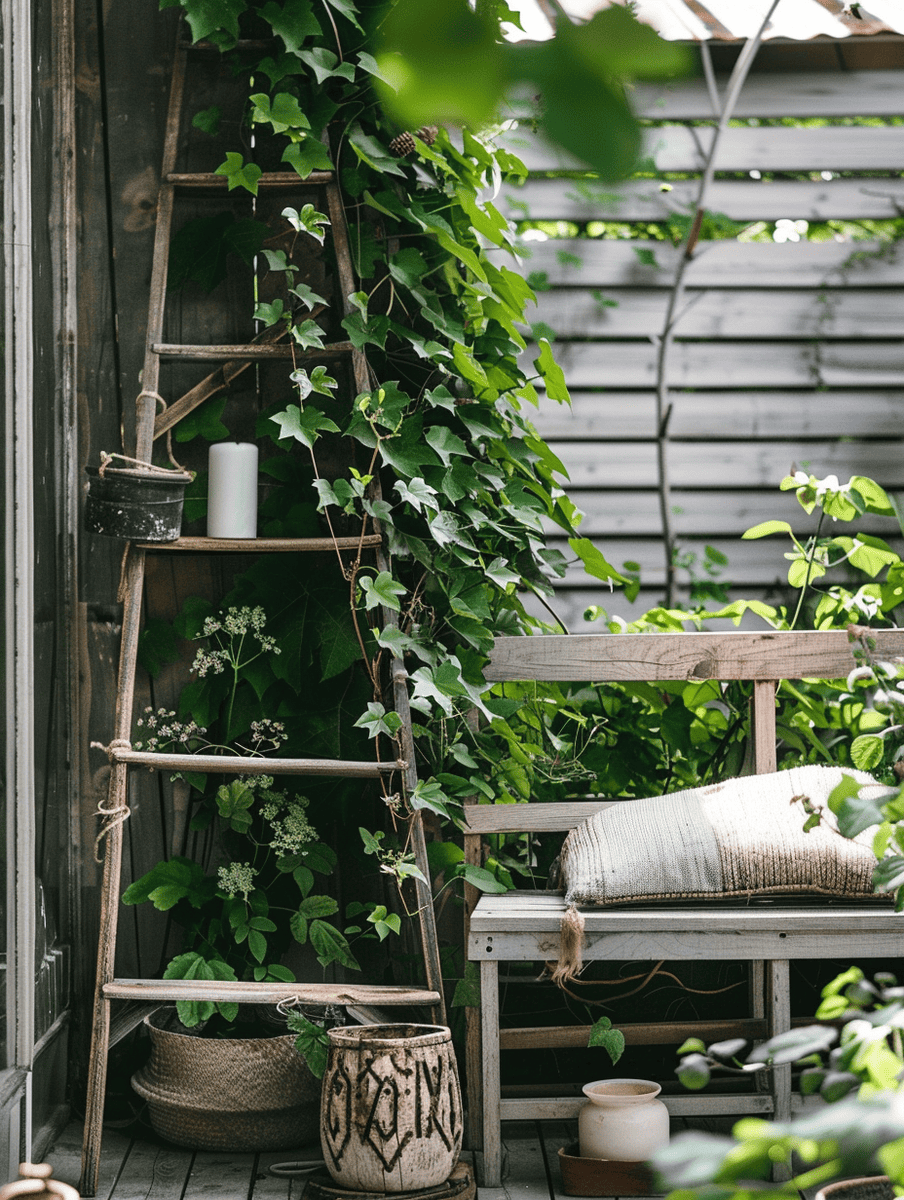 boho outdoor patio design. Vintage wooden ladder with climbing vines