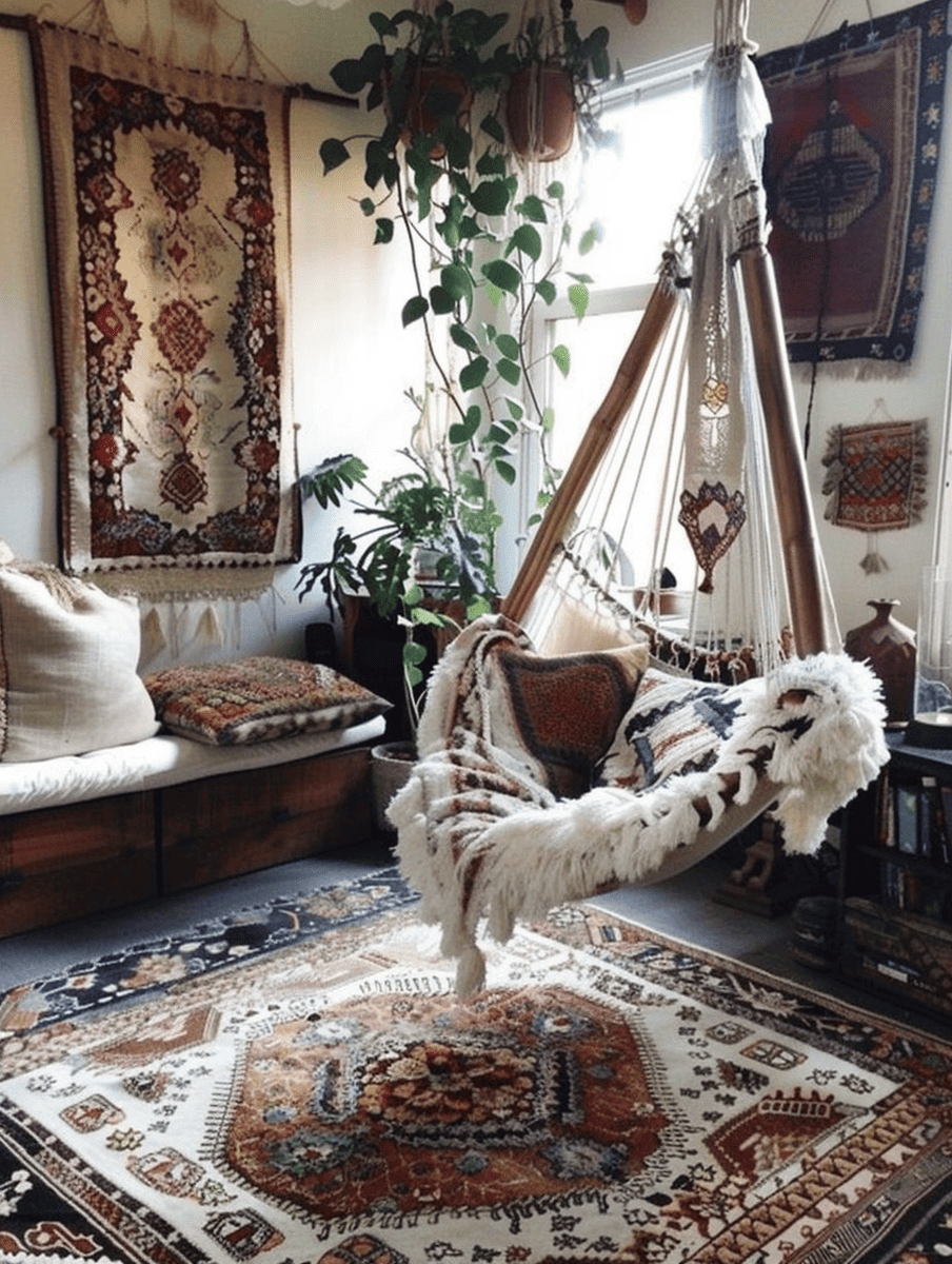 boho reading nook with a hanging chair and soft area rug