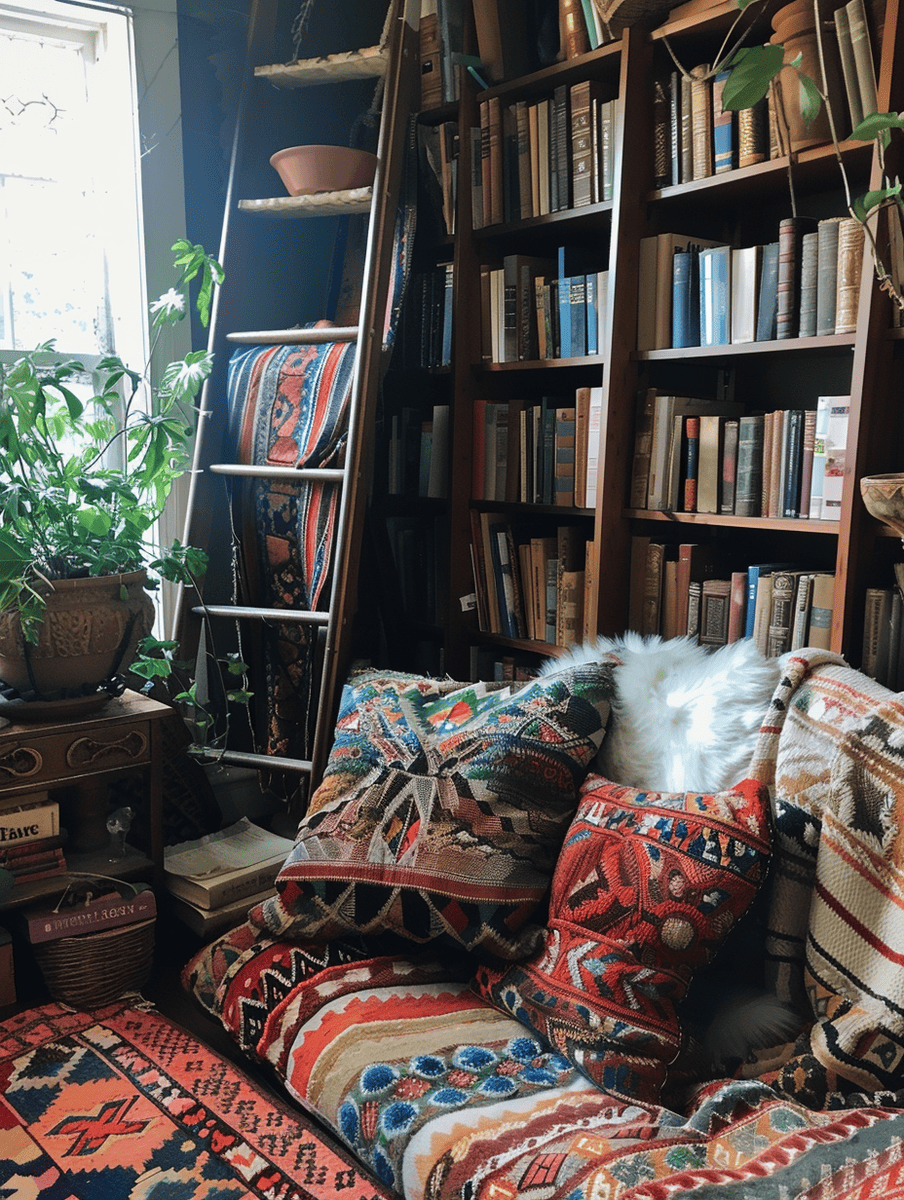 boho reading nook with a vintage ladder bookshelf and patterned blankets