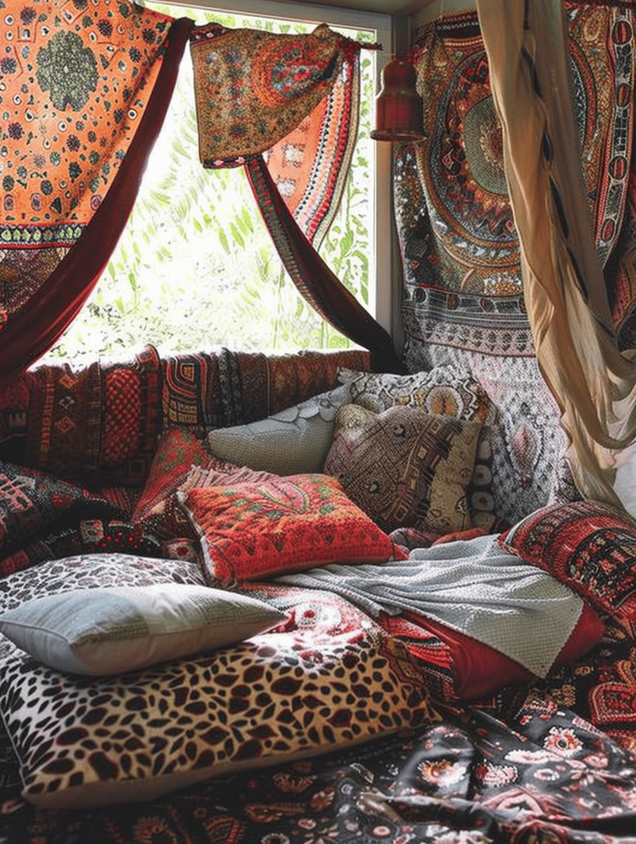 A cozy nook is adorned with a vibrant array of patterned textiles, including pillows and drapes, in rich reds and oranges, complemented by a glimpse of lush greenery visible through the window.