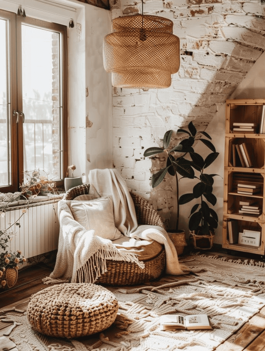 boho reading nook with a wicker lampshade and knitted poufs